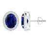 Angara Lab-grown Oval Blue Sapphire Studs With Lab Diamond Halo In White Gold/deep Rich Blue