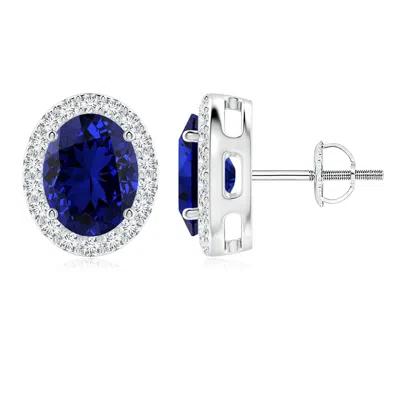 Angara Lab-grown Oval Blue Sapphire Studs With Lab Diamond Halo