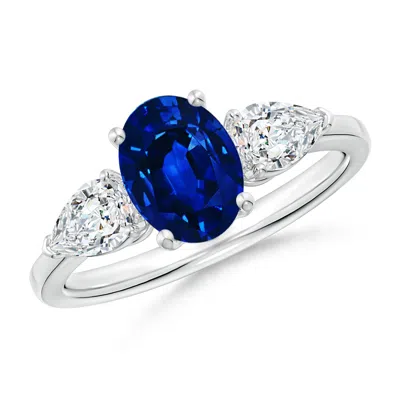 Angara Lab-grown Oval Blue Sapphire Three Stone Ring With Pear Diamonds In Metallic