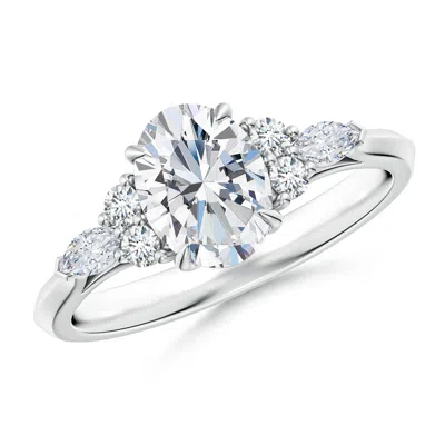 Angara Lab-grown Oval Diamond Side Stone Engagement Ring With Diamonds In Metallic