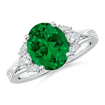 Angara Lab-grown Oval Emerald Engagement Ring With Lab Pear Diamonds In Green