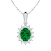 Angara Lab-grown Oval Emerald Pendant With Floral Halo In White Gold/rich Green