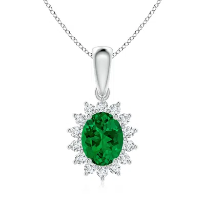 Angara Lab-grown Oval Emerald Pendant With Floral Halo In Green
