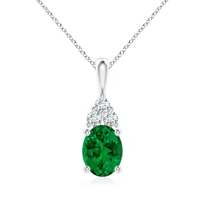 Angara Lab-grown Oval Emerald Solitaire Pendant With Trio Lab Diamond In Metallic