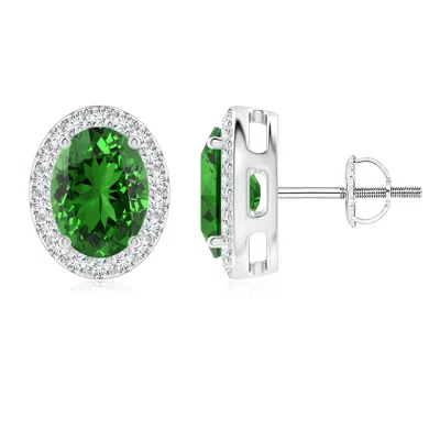 Angara Lab-grown Oval Emerald Studs With Lab Diamond Halo In Green