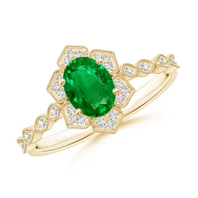 Angara Lab-grown Oval Emerald Trillium Floral Shank Ring In Gold