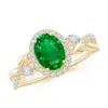 Angara Lab-grown Oval Emerald Twisted Vine Ring With Diamond Halo In Yellow Gold/rich Green