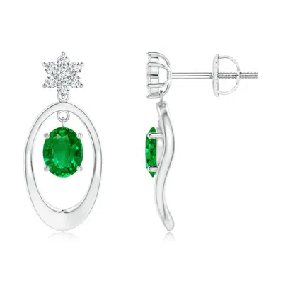 Angara Lab-grown Oval Framed Emerald Earrings With Diamond Floral Accent In Metallic