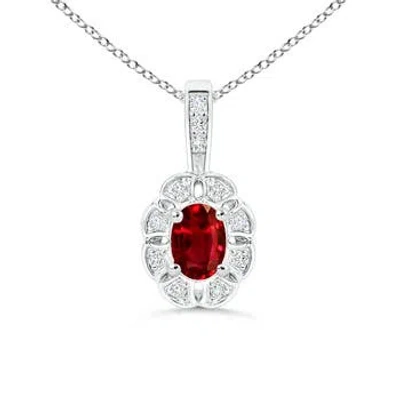 Angara Lab-grown Oval Ruby Flower Pendant With Diamond Halo In Gray