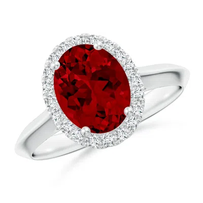 Angara Lab-grown Oval Ruby Halo Knife-edge Shank Engagement Ring In Metallic