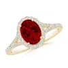 Angara Lab-grown Oval Ruby Halo Split Shank Engagement Ring In Yellow Gold/deep Rich Red