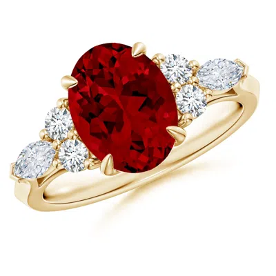 Angara Lab-grown Oval Ruby Side Stone Engagement Ring With Diamonds In Gold
