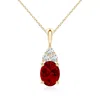 Angara Lab-grown Oval Ruby Solitaire Pendant With Trio Lab Diamond In Yellow Gold/deep Rich Red