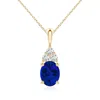 Angara Lab-grown Oval Sapphire Solitaire Pendant With Trio Lab Diamond In Yellow Gold/deep Rich Blue