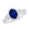 Angara Lab-grown Oval Sapphire Twisted Vine Ring With Diamond Halo In White Gold/deep Rich Blue