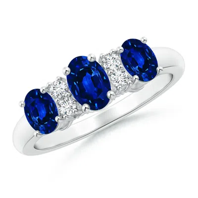 Angara Lab-grown Oval Three Stone Sapphire Engagement Ring With Diamonds In Metallic