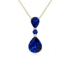 Angara Lab-grown Pear And Round Blue Sapphire Three Stone Pendant In Yellow Gold/deep Rich Blue