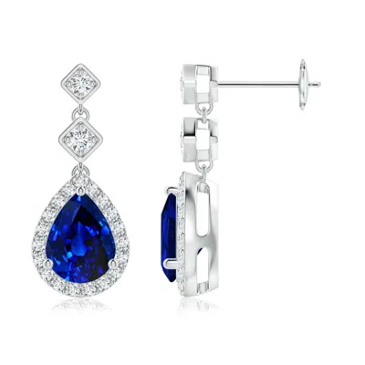 Angara Lab-grown Pear Blue Sapphire Drop Earrings With Lab Diamond Halo In Metallic
