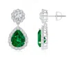 Angara Lab-grown Pear Emerald And Diamond Halo Drop Earrings In White Gold/rich Green