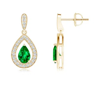 Angara Lab-grown Pear Emerald Drop Earrings With Diamond Halo In Green