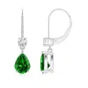 Angara Lab-grown Pear Emerald Leverback Drop Earrings With Diamond In White Gold/rich Green