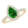Angara Lab-grown Pear Emerald Ring With Lab Diamond Halo In Yellow Gold/rich Green