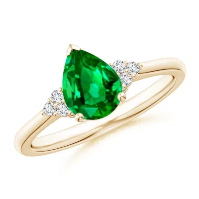 Angara Lab-grown Pear Emerald Solitaire Ring With Trio Diamond Accents In Green