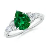 Angara Lab-grown Pear Shape Emerald Side Stone Engagement Ring With Diamonds In White Gold/rich Green
