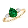 Angara Lab-grown Pear Shape Emerald Three Stone Engagement Ring In Yellow Gold/rich Green