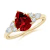 Angara Lab-grown Pear Shape Ruby Side Stone Engagement Ring With Diamonds In Yellow Gold/deep Rich Red