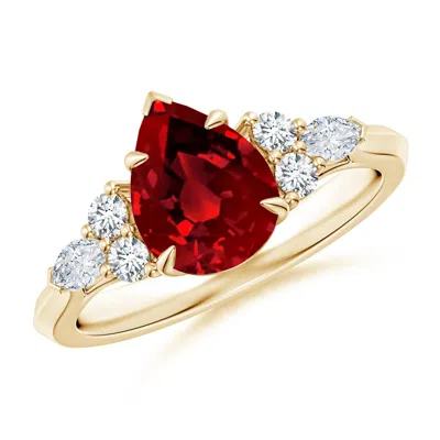 Angara Lab-grown Pear Shape Ruby Side Stone Engagement Ring With Diamonds In Red