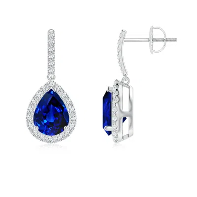 Angara Lab-grown Pear-shaped Blue Sapphire Halo Dangle Earrings In Metallic