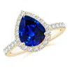 Angara Lab-grown Pear-shaped Blue Sapphire Halo Engagement Ring In Yellow Gold/deep Rich Blue