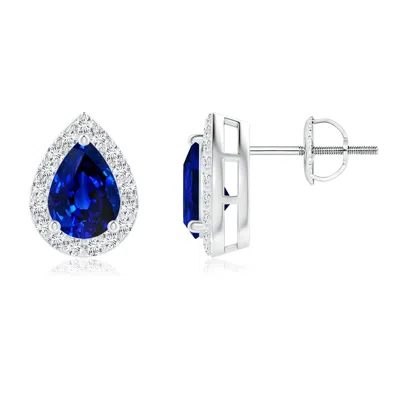 Angara Lab-grown Pear-shaped Blue Sapphire Halo Stud Earrings