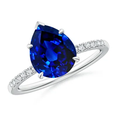 Angara Lab-grown Pear-shaped Blue Sapphire Hidden Halo Engagement Ring In Metallic