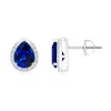 Angara Lab-grown Pear-shaped Blue Sapphire Stud Earrings With Diamond Halo In White Gold/deep Rich Blue