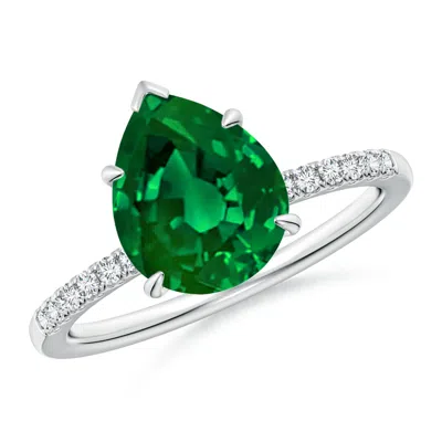 Angara Lab-grown Pear-shaped Emerald Hidden Halo Engagement Ring In Metallic
