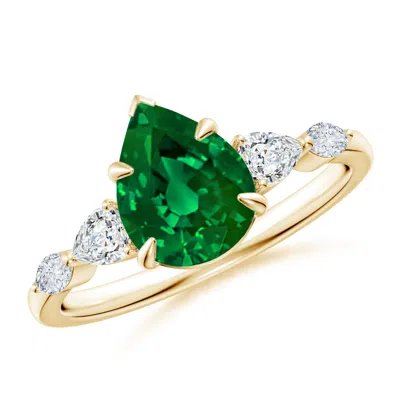 Angara Lab-grown Pear-shaped Emerald Side Stone Engagement Ring In Gray