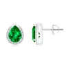 Angara Lab-grown Pear-shaped Emerald Stud Earrings With Diamond Halo In White Gold/rich Green
