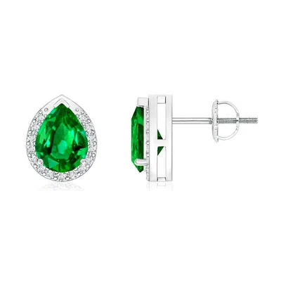 Angara Lab-grown Pear-shaped Emerald Stud Earrings With Diamond Halo In Metallic