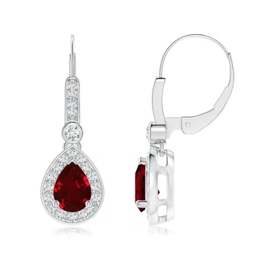 Angara Lab-grown Pear-shaped Ruby And Diamond Halo Drop Earrings In Red