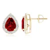 Angara Lab-grown Pear-shaped Ruby Halo Stud Earrings In Yellow Gold/deep Rich Red