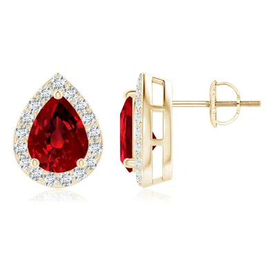 Angara Lab-grown Pear-shaped Ruby Halo Stud Earrings In Gold
