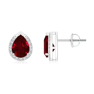 Angara Lab-grown Pear-shaped Ruby Stud Earrings With Diamond Halo In Metallic