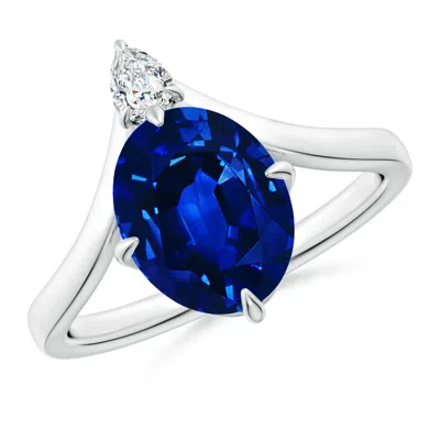 Angara Lab-grown Prong-set Oval Blue Sapphire Chevron Engagement Ring
