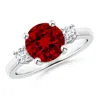 Angara Lab-grown Round Ruby And Pear Diamond Three Stone Engagement Ring In White Gold/deep Rich Red
