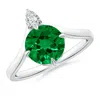 Angara Lab-grown Prong-set Round Emerald Chevron Engagement Ring In White Gold/rich Green