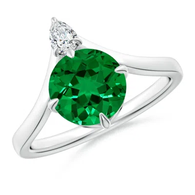 Angara Lab-grown Prong-set Round Emerald Chevron Engagement Ring In Green