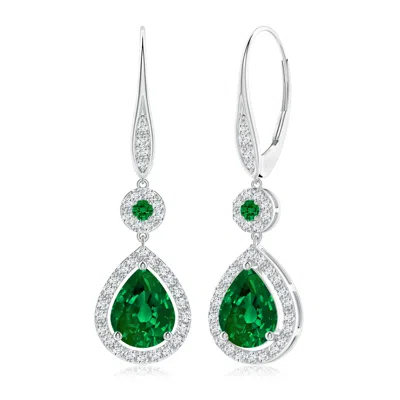 Angara Lab-grown Round And Pear Emerald Halo Leverback Earrings In Metallic