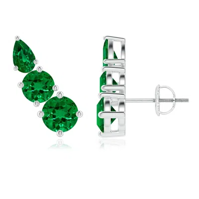 Angara Lab-grown Round And Pear Emerald Three Stone Climber Earrings In Metallic